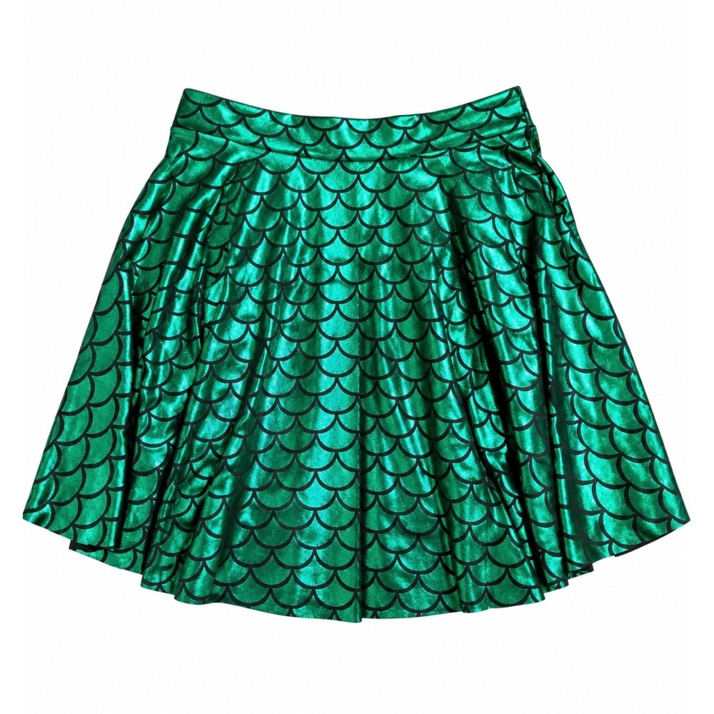 Mermaid Fish Scale Women skirt XL Green Pleated Flared mini skirt NWOT Metallic